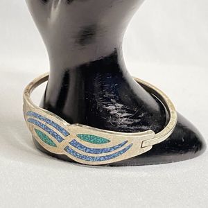 Mexico Hinged Bracelet Silver Tone Blue Green Stone Inlay